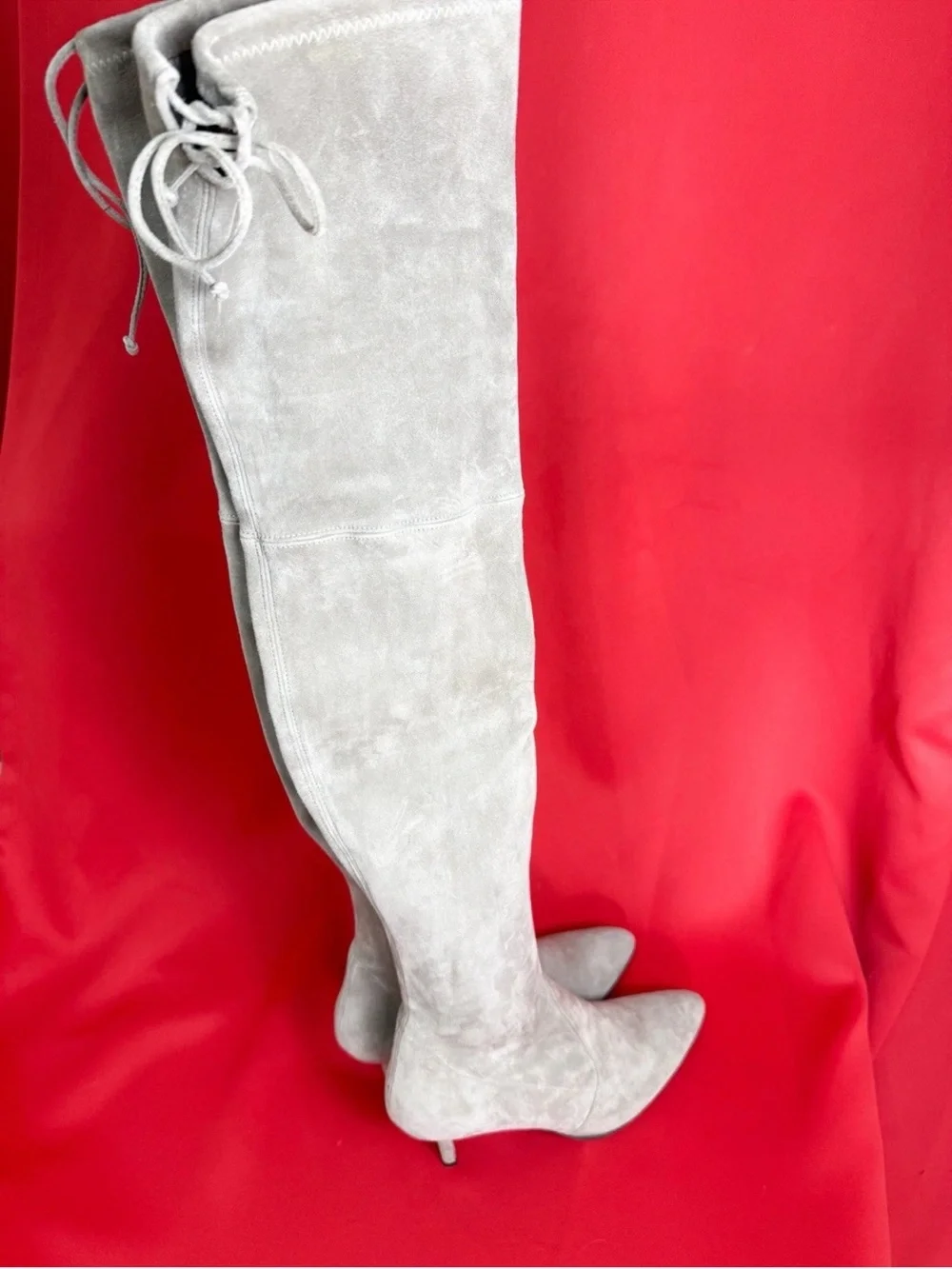 US 10.5 Spain Stuart Weitzman Boots Over Knee Suede Heel Almond Toe Light Grey